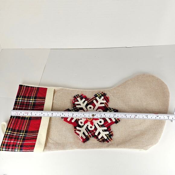 Plaid Snowflake Christmas Stocking 15" Red Beige Button Accent Hanging Loop - Picture 9 of 11